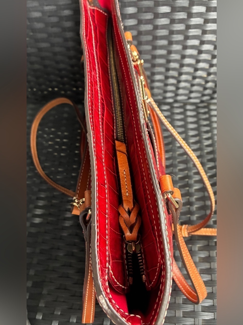 Dooney & Bourke Red Croc-Embossed Tote with Tan Straps - Picture 16 of 16